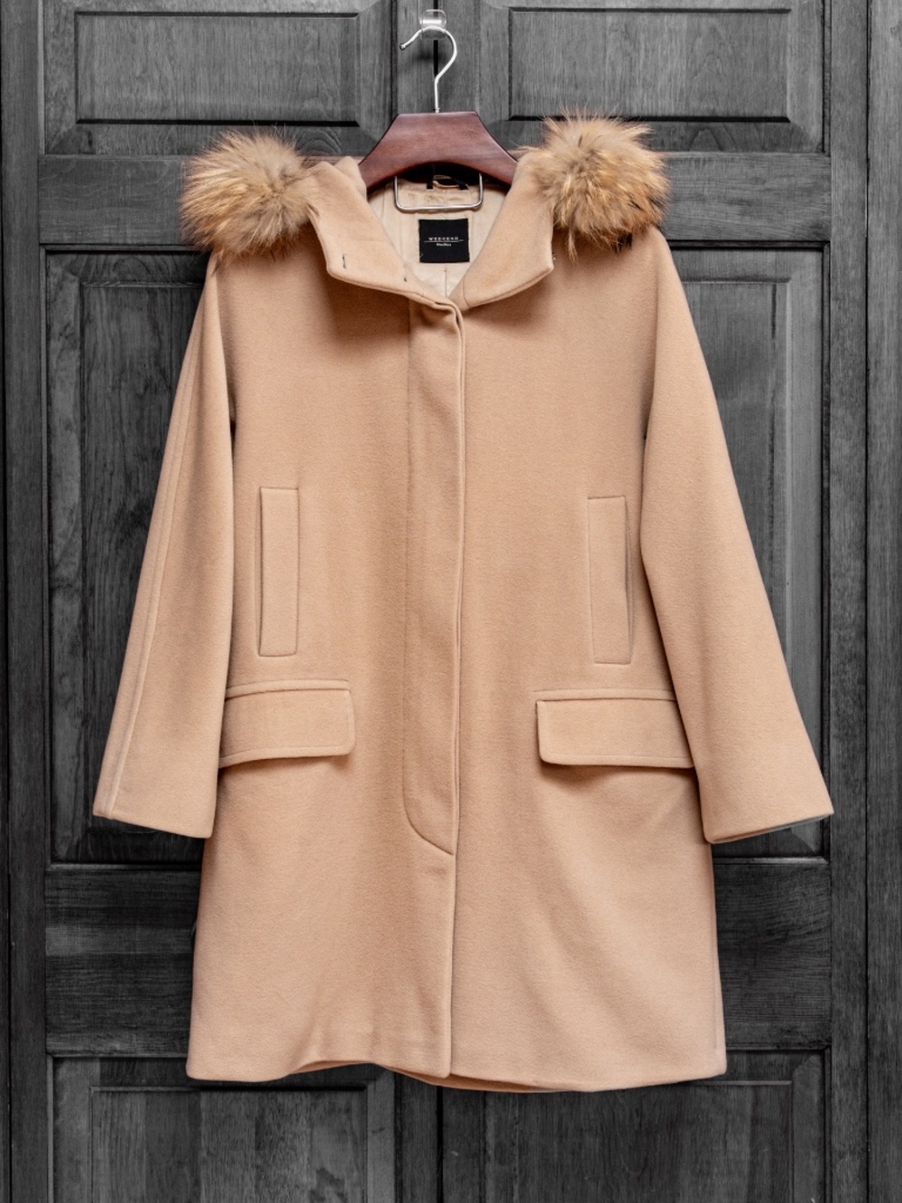 Max Mara Weekend Italian virgin wool coat with Fur trimmed Hood